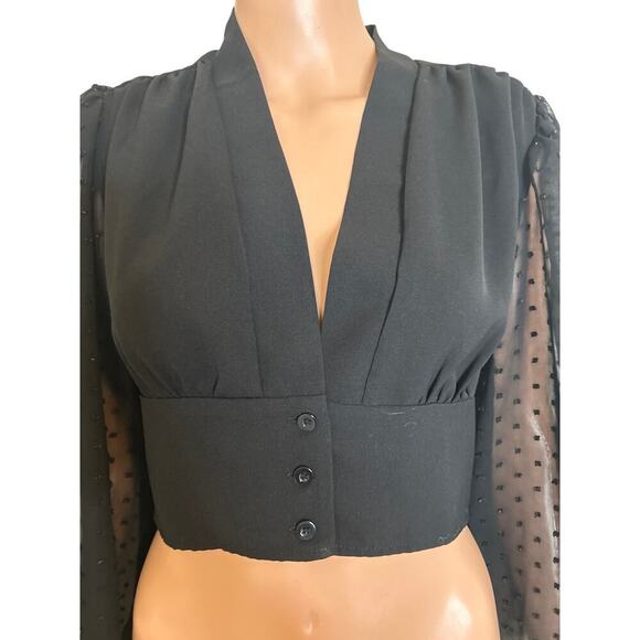 Unity Swiss Dot Lantern Sleeve Blouse button up puff sleeve cropped black SZ S - Picture 3 of 7